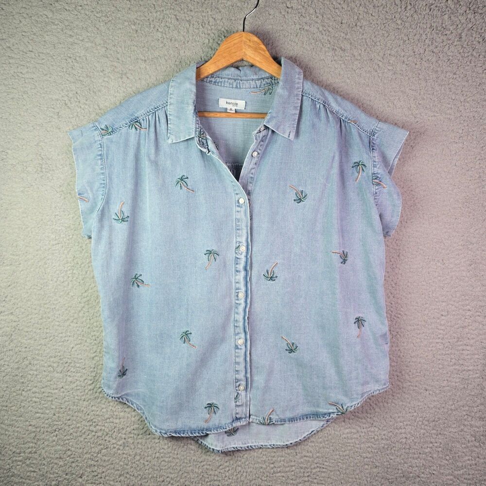 Kensie Jeans Blouse Light Blue M Chambray Embroidered Palm Tree Coastal